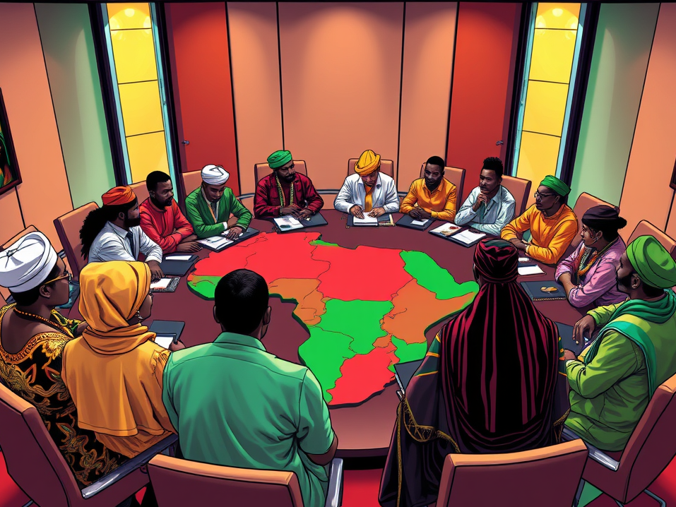 A diverse group of people is seated around a conference table featuring a colorful map of Africa. Participants are engaged in discussion, with notebooks and papers in front of them, indicating a collaborative meeting.